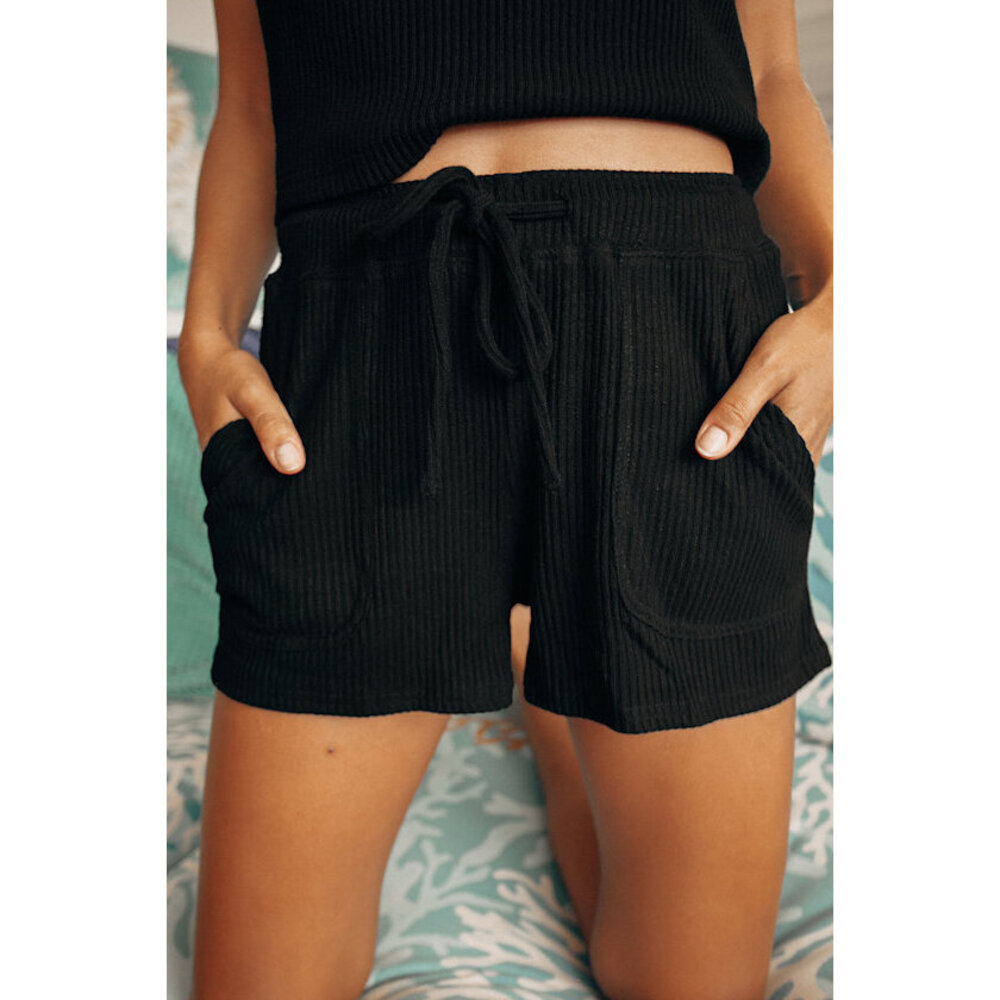 Lulus Living Leisurely Black Ribbed Knit Drawstring Shorts - Size L